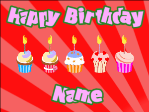 Happy Birthday GIF:Cupcakes for Birthday,red sunburst background,purple & green text