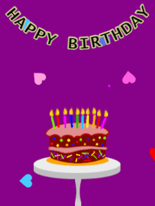 Happy Birthday GIF:Birthday GIF,cartoon cake,purple background,hearts & hearts