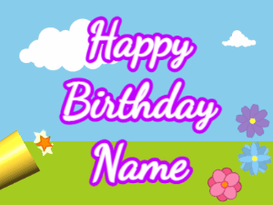 Happy Birthday GIF:Horn, stars, meadow, cursive, white, purple