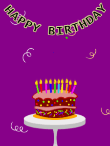 Happy Birthday GIF:Birthday GIF,cartoon cake,purple background,stars & confetti