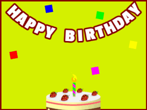 Happy Birthday GIF:A cream cake on green with red border & falling hearts