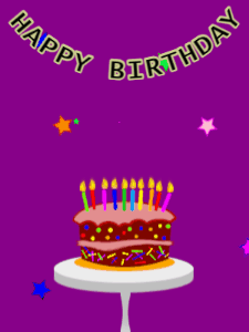 Happy Birthday GIF:Birthday GIF,cartoon cake,purple background,stars & stars