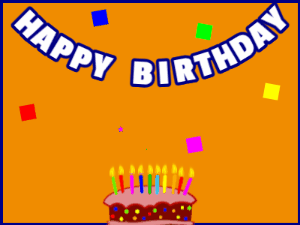 Happy Birthday GIF:A cartoon cake on orange with blue border & falling squares