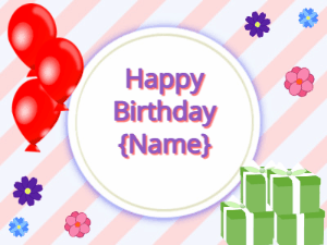 Happy Birthday GIF:red Balloons, green gift boxes, purple text