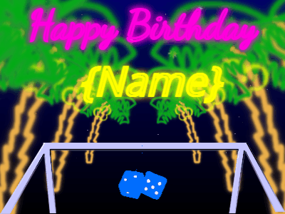 Animated happy birthday gif of a neon drive through neon palm trees and dice swinging in the wind. 