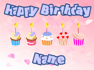 Happy Birthday GIF:Cupcakes for Birthday,pink hearts background,light blue & navy text
