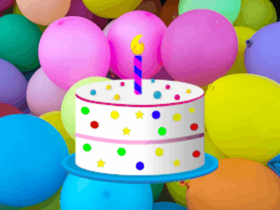 Birthday animated gif with different birthday cakes and text flashing by on a balloon background. Customize it.