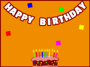 Happy Birthday GIF:A cartoon cake on orange with red border & falling squares
