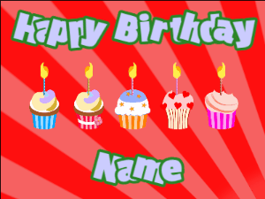 Happy Birthday GIF:Cupcakes for Birthday,red sunburst background,light blue & green text