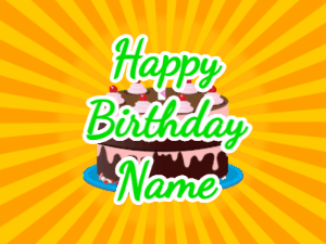 Happy Birthday GIF:yellow sunburst,chocolate cake, green text