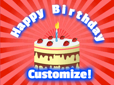 Happy birthday gif with animated confetti, a birthday cake, and candle over a red sunburst background.