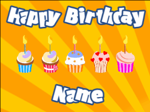 Happy Birthday GIF:Cupcakes for Birthday,yellow sunburst background,white & navy text