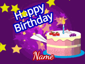 Birthday cake and paper airplane on purple starry background