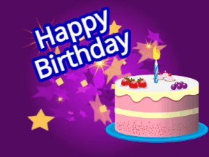 Happy Birthday GIF:Birthday cake and paper airplane on purple starry background