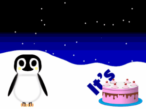 Happy Birthday GIF:Penguin: pink cake,green text,% 3 fireworks