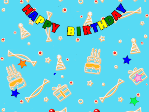 Happy Birthday GIF:chocolate Cake, flying stars on a blue decor background