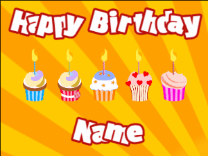 Happy Birthday GIF:Cupcakes for Birthday,yellow sunburst background,white & red text