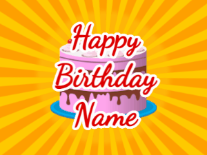 Happy Birthday GIF:yellow sunburst,pink cake, red text