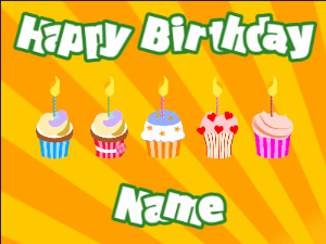 Happy Birthday GIF:Cupcakes for Birthday,yellow sunburst background,white & green text