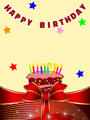 Birthday cake animated gif where a birthday cake popups up. Animated confetti and stars, customize text.