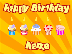 Happy Birthday GIF:Cupcakes for Birthday,yellow sunburst background,beige & red text