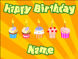 Happy Birthday GIF:Cupcakes for Birthday,yellow sunburst background,beige & green text