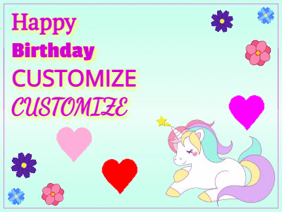 Happy birthday unicorn gif. Its horn shoots stars, animated background flowers and hearts. Customize text.
