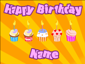 Happy Birthday GIF:Cupcakes for Birthday,yellow sunburst background,purple & purple text