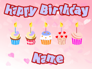 Happy Birthday GIF:Cupcakes for Birthday,pink hearts background,light blue & red text