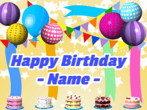 Cute critters popup the birthday cakes on this animated happy birthday gif with text you can personalize.