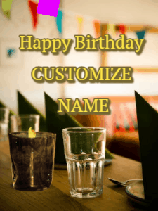 Fancy birthday gif of a bar with a flickering candle, falling confetti, and peronalized text.