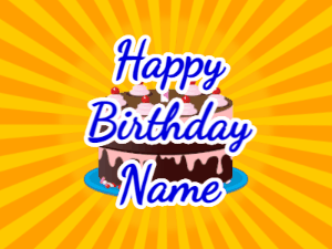 Happy Birthday GIF:yellow sunburst,chocolate cake, blue text