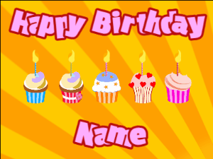 Happy Birthday GIF:Cupcakes for Birthday,yellow sunburst background,purple & red text