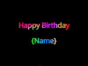 Happy birthday gif with animated rainbow lettering on a black background with hearts float up past them.