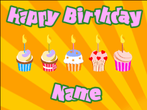 Happy Birthday GIF:Cupcakes for Birthday,yellow sunburst background,purple & green text