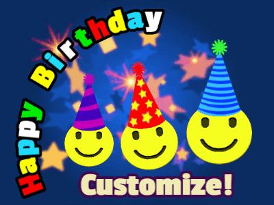3 emojis wearing party hats are happy for a birthday name you can customize on this blue animated happy birthday gif.