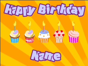 Happy Birthday GIF:Cupcakes for Birthday,yellow sunburst background,light blue & purple text