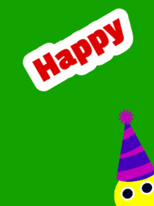 Birthday gif animated with a cute happy emoji wearing a party hat and birthday cakes appear and disappearing