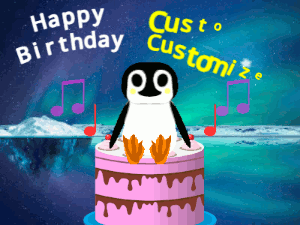 Singing penguin on a birthday cake