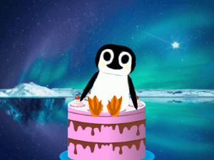 A cute penguin happy birthday gif sits on a birthday cake singing with animated notes and text to customize.