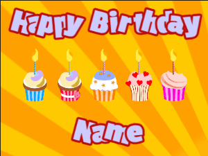 Happy Birthday GIF:Cupcakes for Birthday,yellow sunburst background,light blue & red text