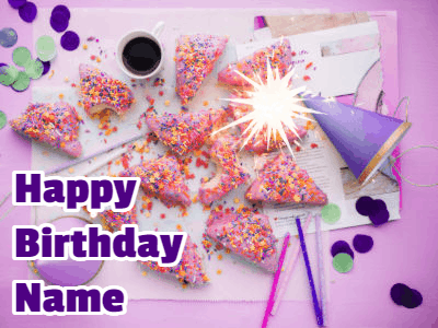 A big paper sparkle highlights this animated birthday gif showing a birthday cake place setting with decorations.