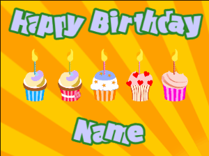 Happy Birthday GIF:Cupcakes for Birthday,yellow sunburst background,light blue & green text