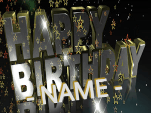 Happy birthday animated gif with fancy gold and silver text and star popping in and out. Customize name.