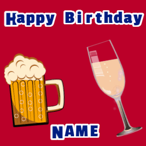 Happy Birthday GIF:Birthday gif, mug & champagne, mix fireworks, block text on red