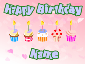 Happy Birthday GIF:Cupcakes for Birthday,pink hearts background,light blue & green text