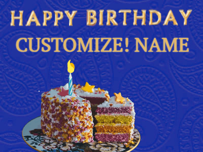 Rainbow Birthday cake animated happy birthday gif with name and sparkles on a blue background.