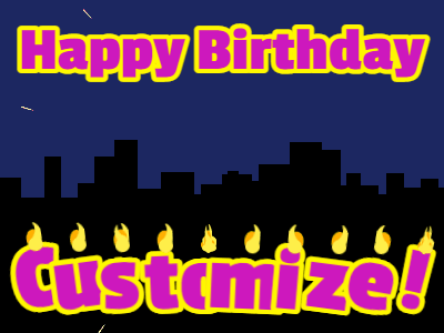 Cartoon style cityscape, birthday cake, and motion effect with flying stars. Customize animated birthday gif.