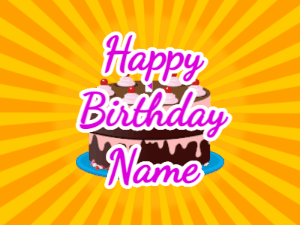 Happy Birthday GIF:yellow sunburst,chocolate cake, purple text