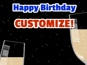 A toast to the birthday gif. Two champagne glasses connect as confetti falls over a night sky. Customize 2 lines of text.